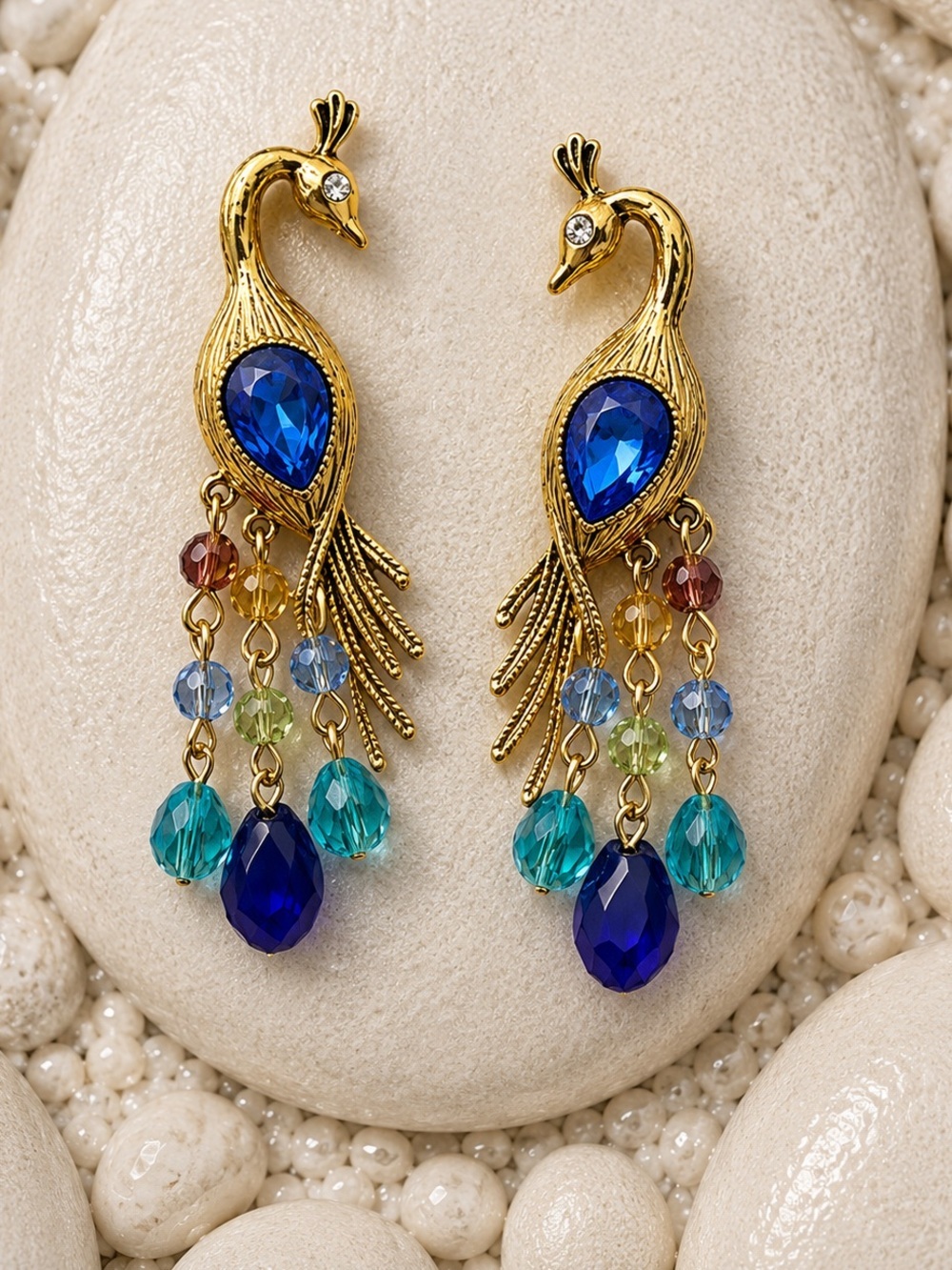 Gold Peacock Earrings with Blue and Teal Gems